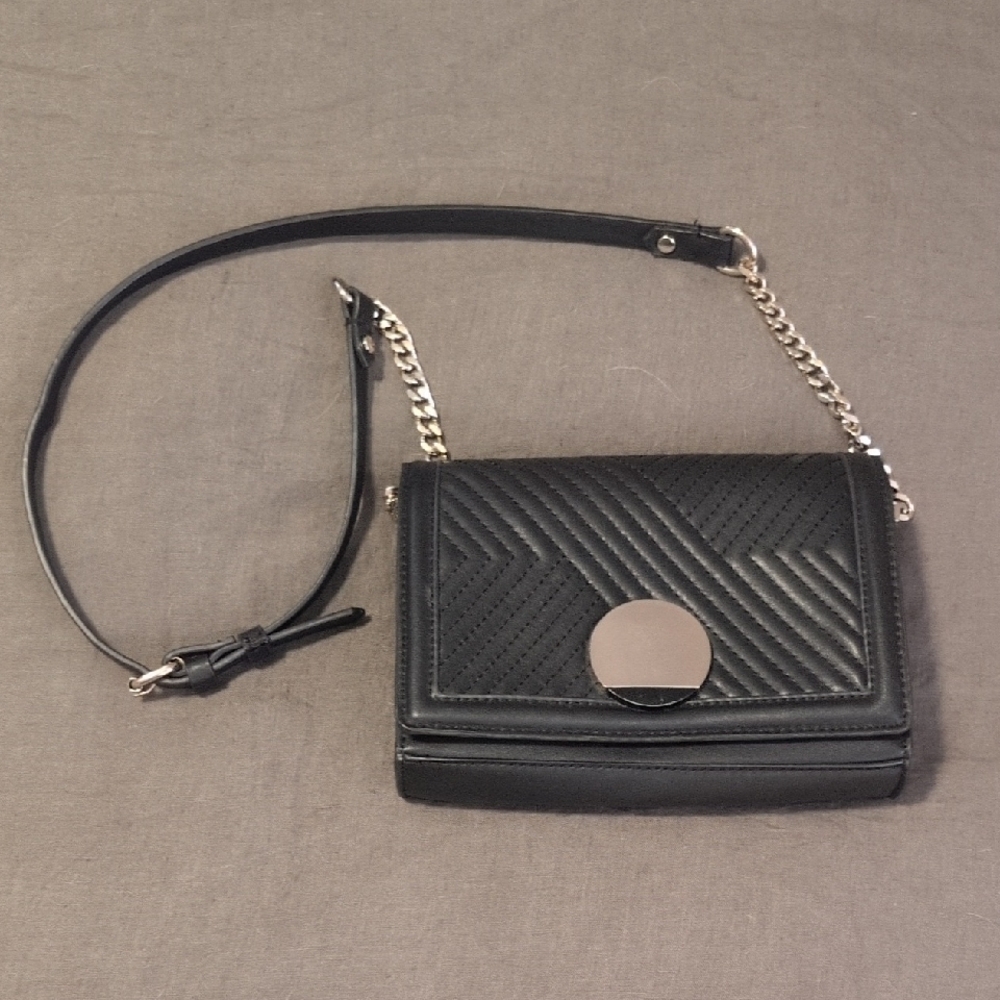 Black Quilted Fuax Leather Crossbody Bag With Gold accents